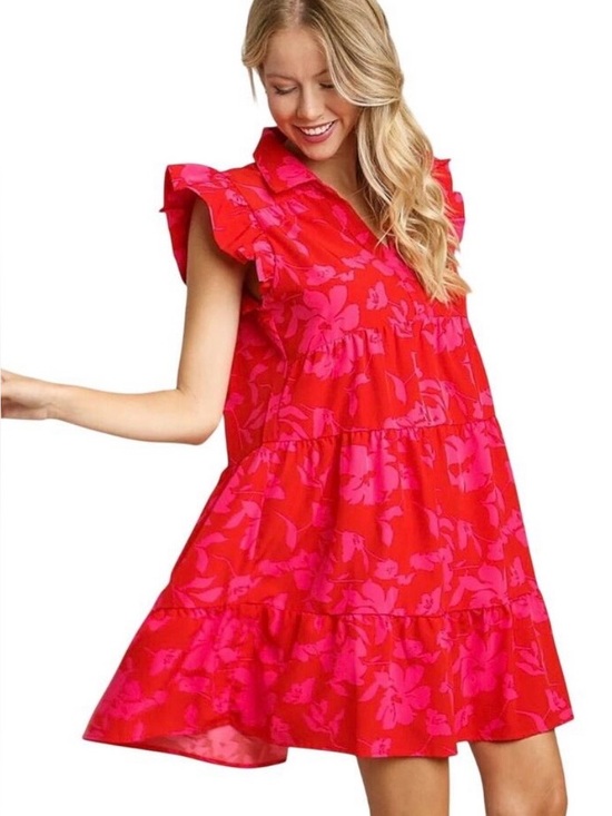 Dresses & Skirts - Versatile Flutter Sleeve Red & Pink Floral Resort - Sundress - Party Dress NWOT